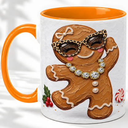 #pl[11oz|Orange] Christmas Gingerbread Ceramic Mug, Leopard Glasses Holiday Art