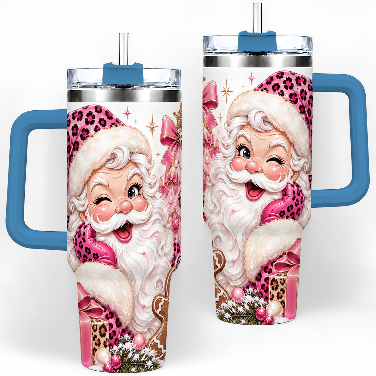 #pl[40oz|Blue] Pink Leopard Santa 40oz Stainless Steel Tumbler, Gingerbread Artwork