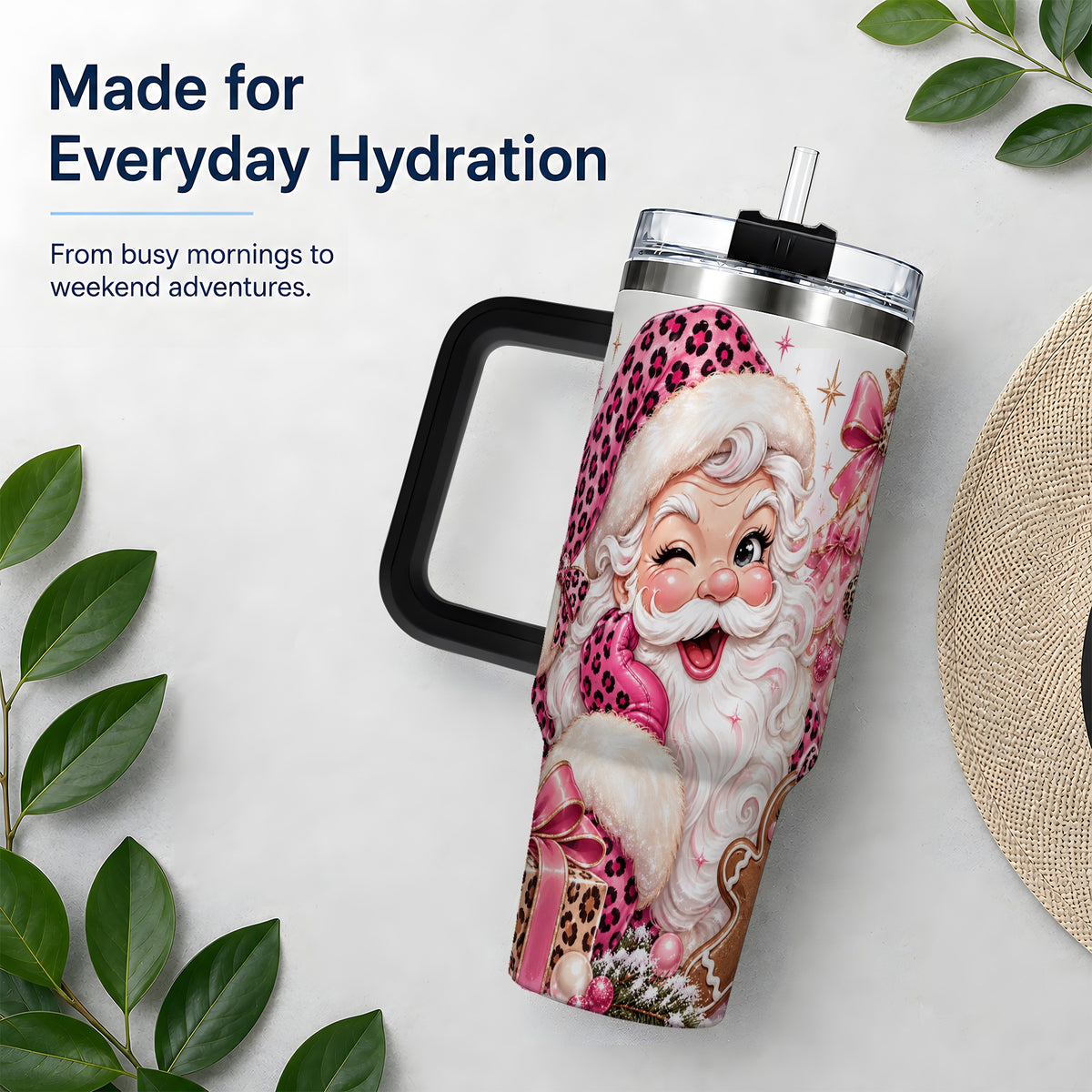 #pl[40oz|Black] Pink Leopard Santa 40oz Stainless Steel Tumbler, Gingerbread Artwork