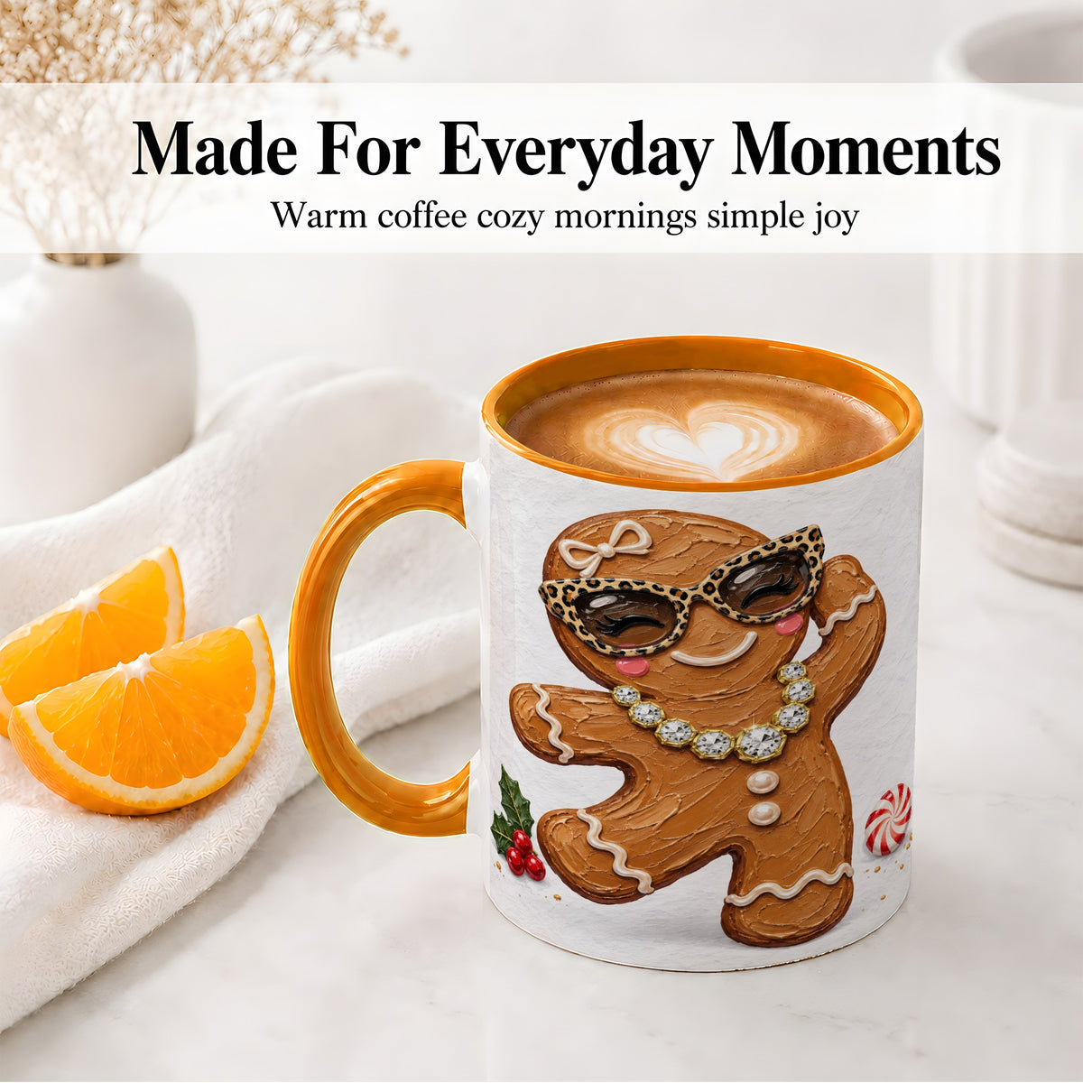 #pl[11oz|Orange] Christmas Gingerbread Ceramic Mug, Leopard Glasses Holiday Art