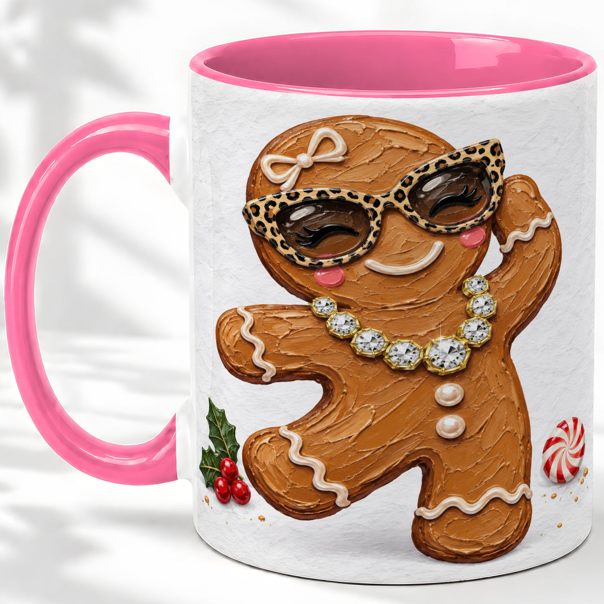 #pl[11oz|Pink] Christmas Gingerbread Ceramic Mug, Leopard Glasses Holiday Art