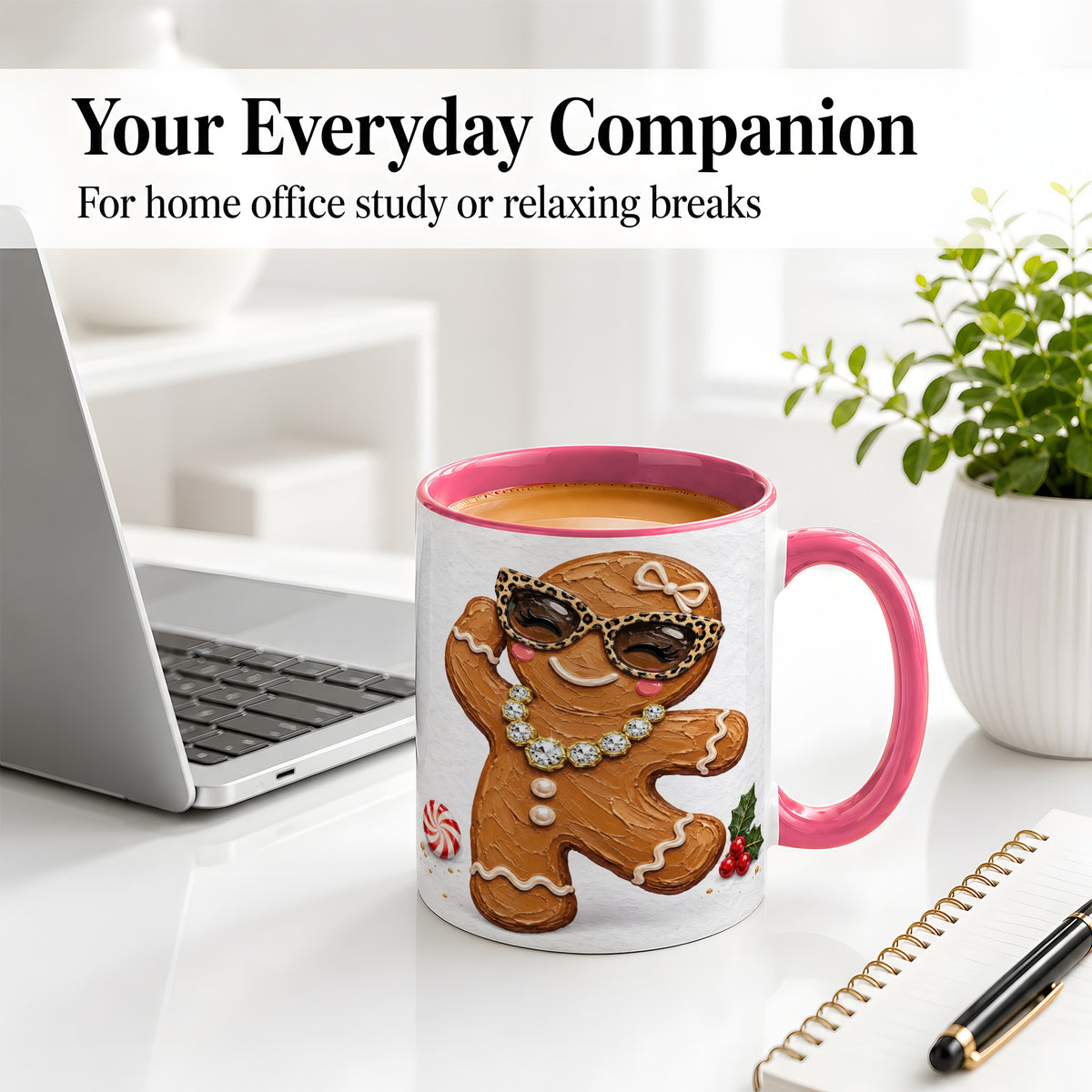 #pl[11oz|Pink] Christmas Gingerbread Ceramic Mug, Leopard Glasses Holiday Art