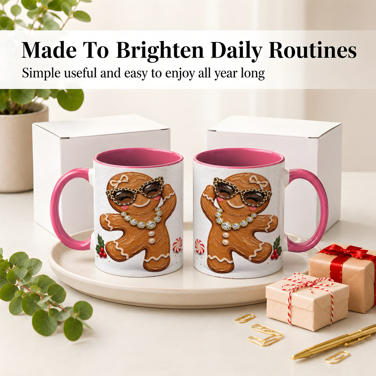 #pl[11oz|Pink] Christmas Gingerbread Ceramic Mug, Leopard Glasses Holiday Art