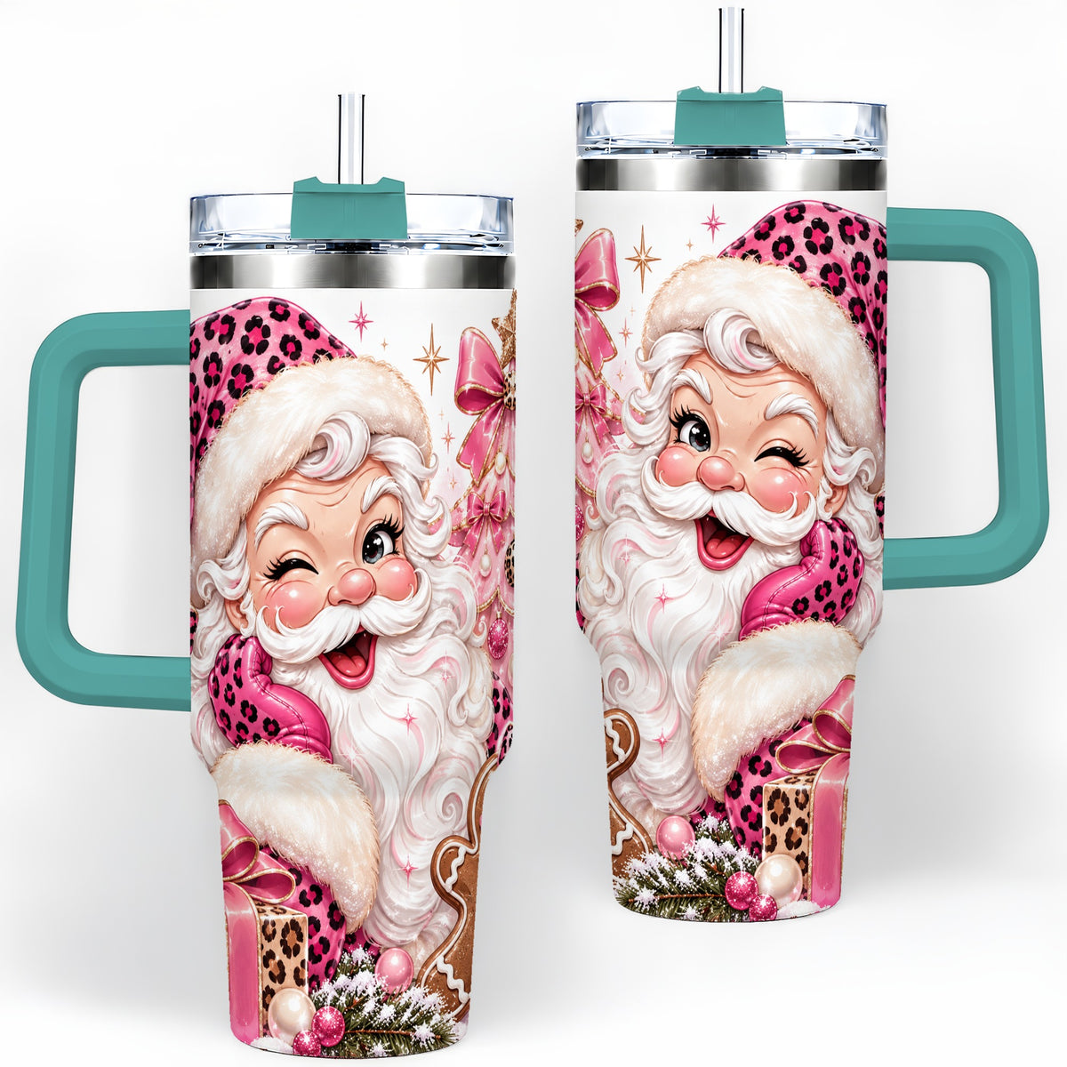 #pl[40oz|Green] Pink Leopard Santa 40oz Stainless Steel Tumbler, Gingerbread Artwork