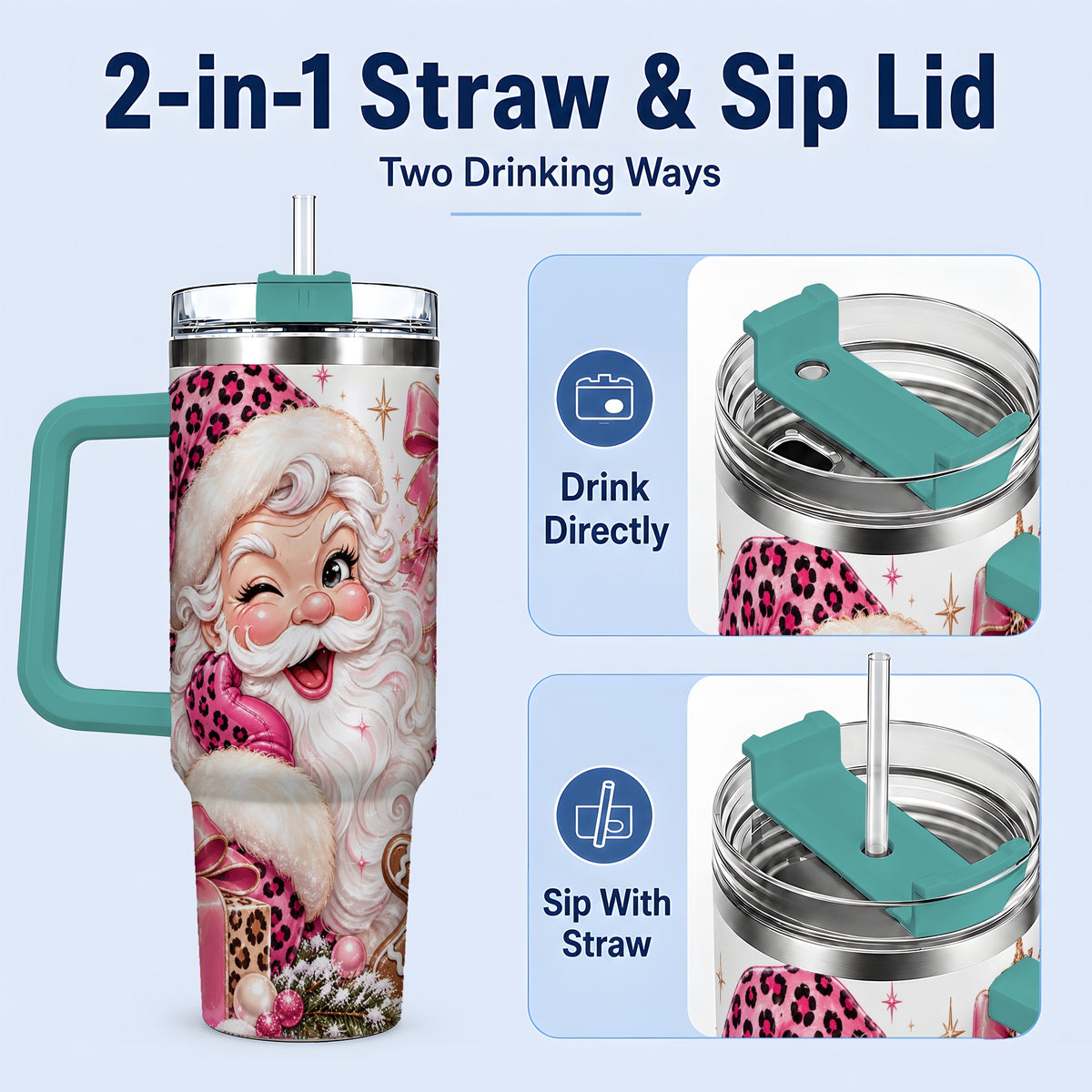 #pl[40oz|Green] Pink Leopard Santa 40oz Stainless Steel Tumbler, Gingerbread Artwork