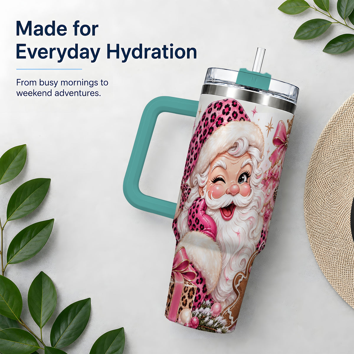 #pl[40oz|Green] Pink Leopard Santa 40oz Stainless Steel Tumbler, Gingerbread Artwork