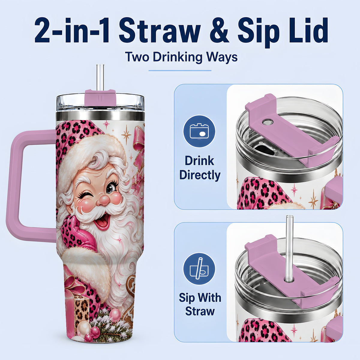 #pl[40oz|Pink] Pink Leopard Santa 40oz Stainless Steel Tumbler, Gingerbread Artwork