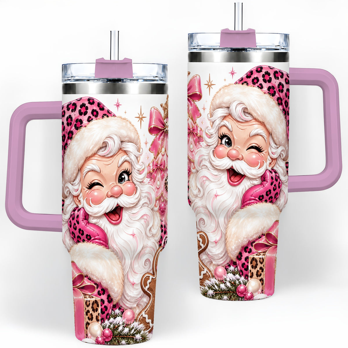 #pl[40oz|Pink] Pink Leopard Santa 40oz Stainless Steel Tumbler, Gingerbread Artwork