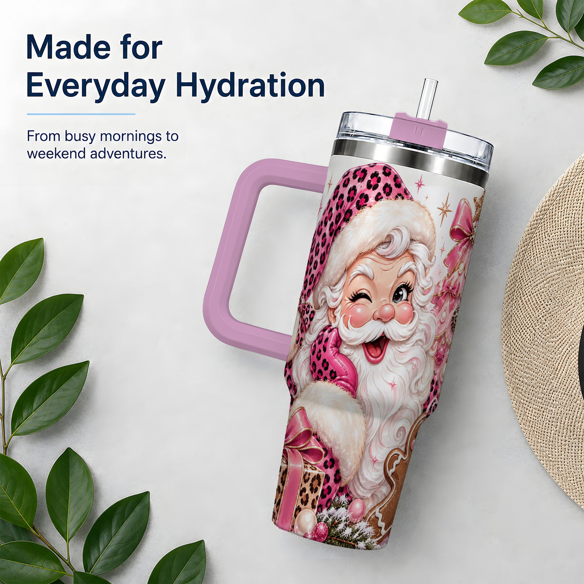 #pl[40oz|Pink] Pink Leopard Santa 40oz Stainless Steel Tumbler, Gingerbread Artwork