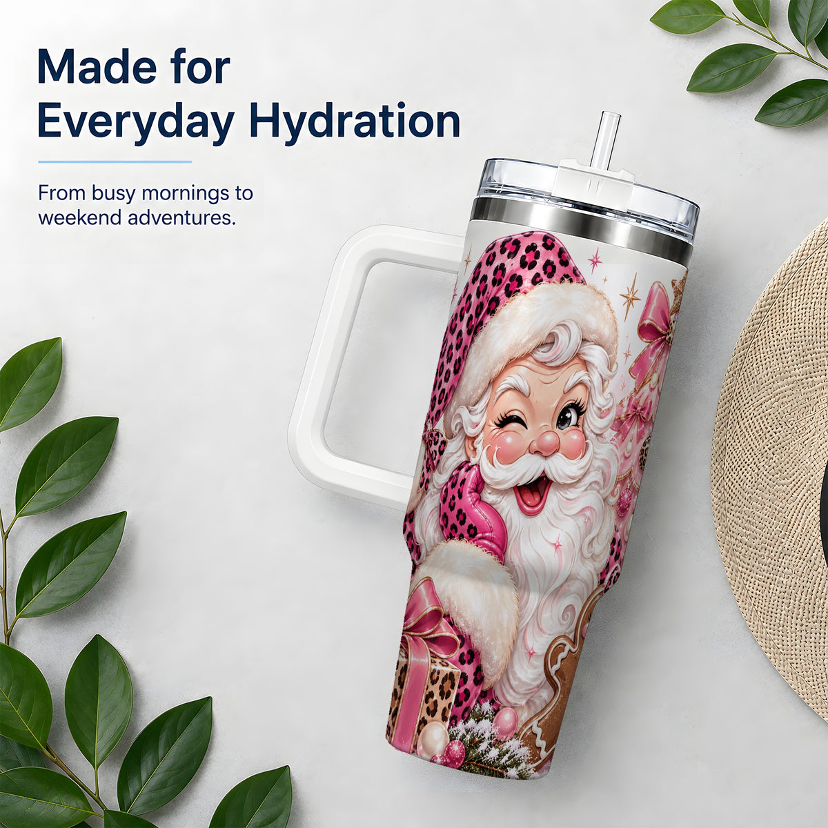 #pl[40oz|White] Pink Leopard Santa 40oz Stainless Steel Tumbler, Gingerbread Artwork