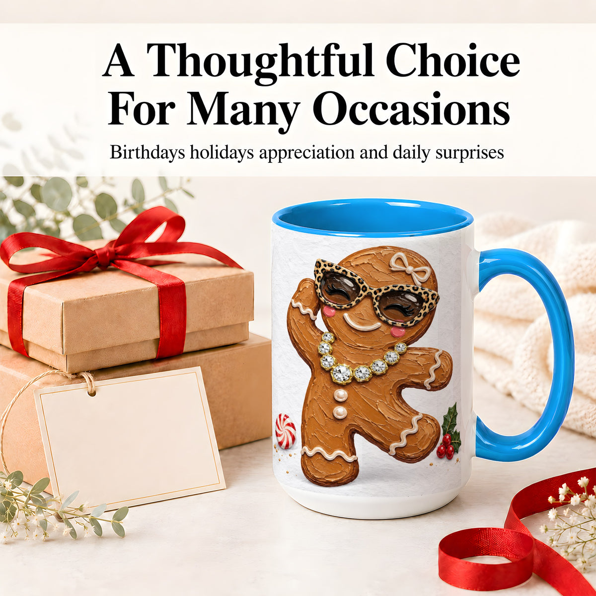 #pl[15oz|Blue] Christmas Gingerbread Ceramic Mug, Leopard Glasses Holiday Art