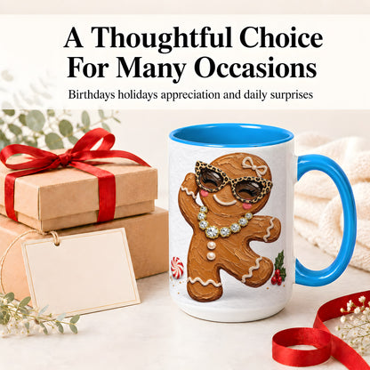 #pl[15oz|Blue] Christmas Gingerbread Ceramic Mug, Leopard Glasses Holiday Art