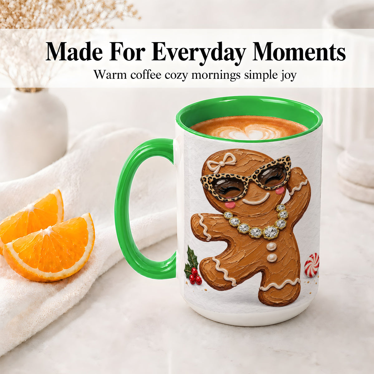 #pl[15oz|Green] Christmas Gingerbread Ceramic Mug, Leopard Glasses Holiday Art