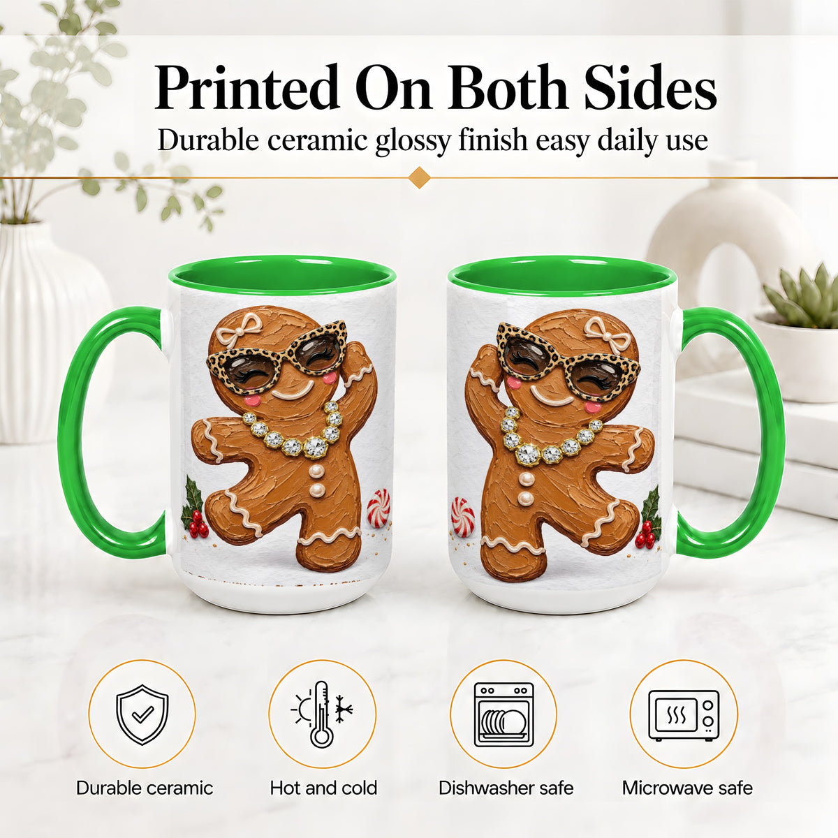 #pl[15oz|Green] Christmas Gingerbread Ceramic Mug, Leopard Glasses Holiday Art