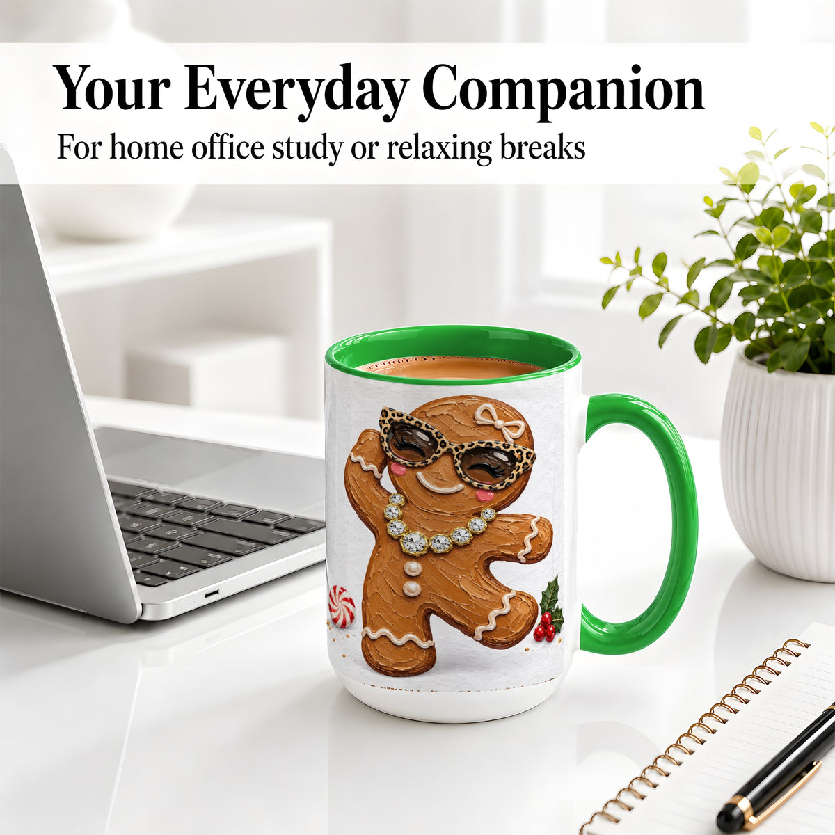 #pl[15oz|Green] Christmas Gingerbread Ceramic Mug, Leopard Glasses Holiday Art