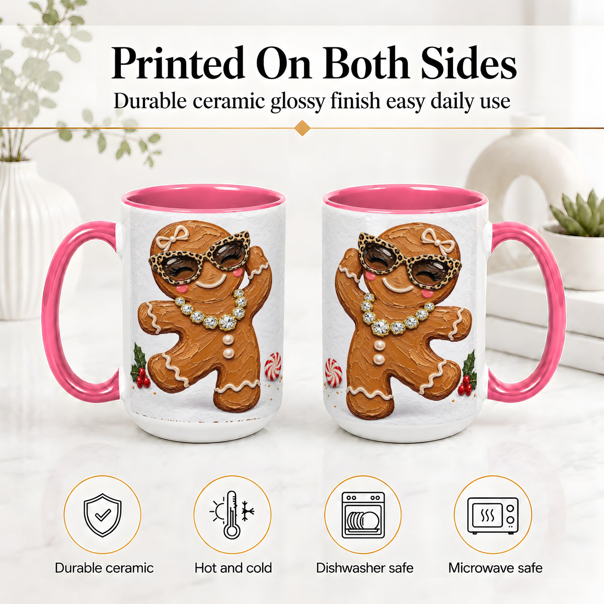 #pl[15oz|Pink] Christmas Gingerbread Ceramic Mug, Leopard Glasses Holiday Art