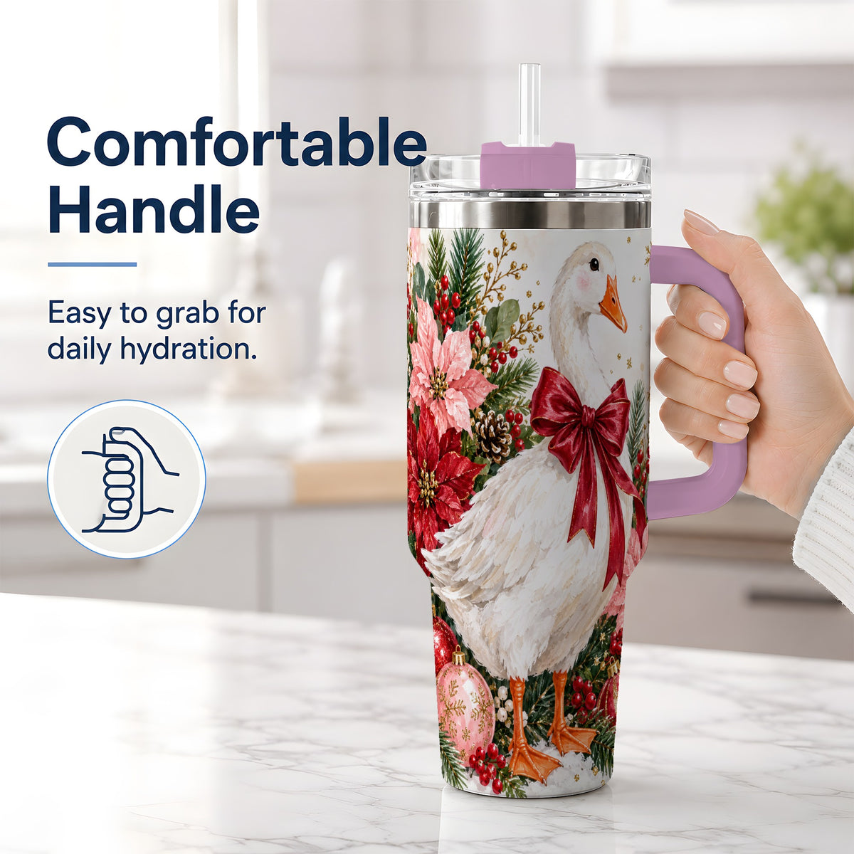 #pl[40oz|Pink] Christmas Goose 40oz Tumbler, Poinsettia Bow Design for Goose Lovers