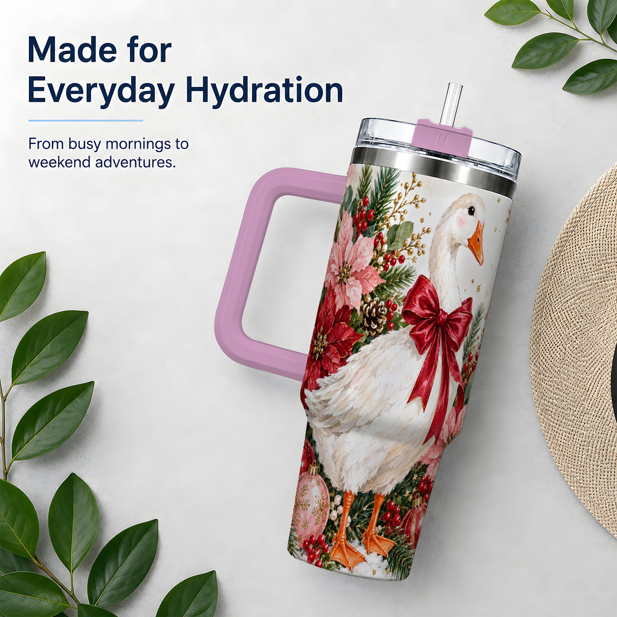#pl[40oz|Pink] Christmas Goose 40oz Tumbler, Poinsettia Bow Design for Goose Lovers
