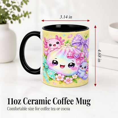 #pl[11oz|Black] Kawaii Axolotl Ceramic Mug, Pastel Bow Floral Rainbow Artwork