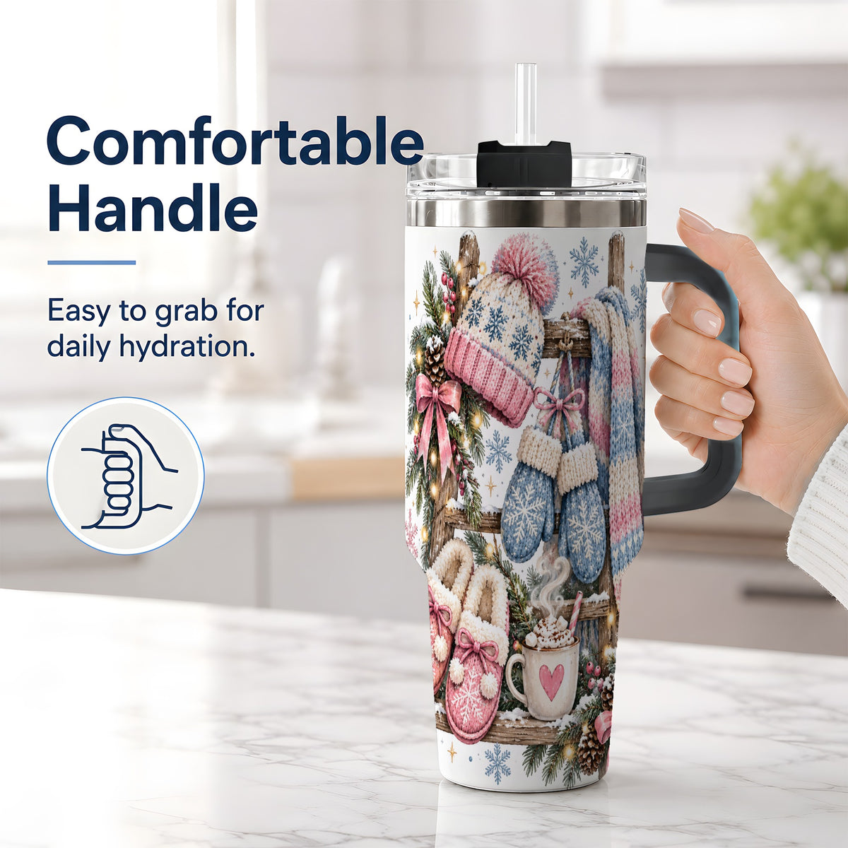 #pl[40oz|Black] Cozy Winter Knit 40oz Tumbler, Pink Blue Snowflake Holiday Design