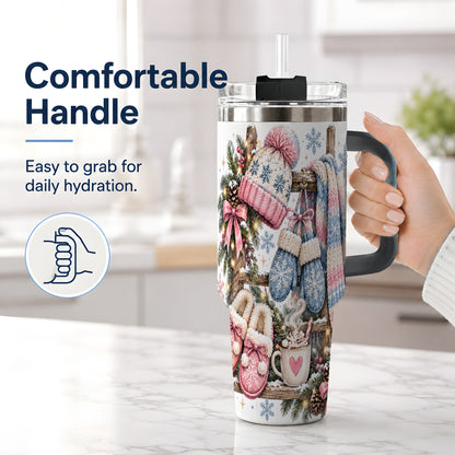 #pl[40oz|Black] Cozy Winter Knit 40oz Tumbler, Pink Blue Snowflake Holiday Design