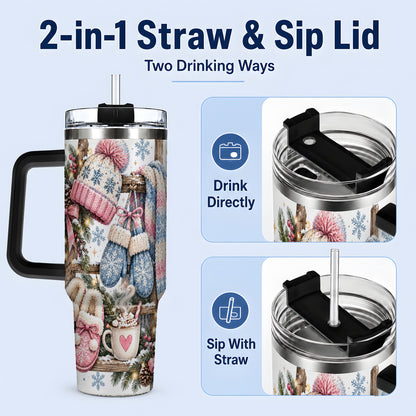#pl[40oz|Black] Cozy Winter Knit 40oz Tumbler, Pink Blue Snowflake Holiday Design