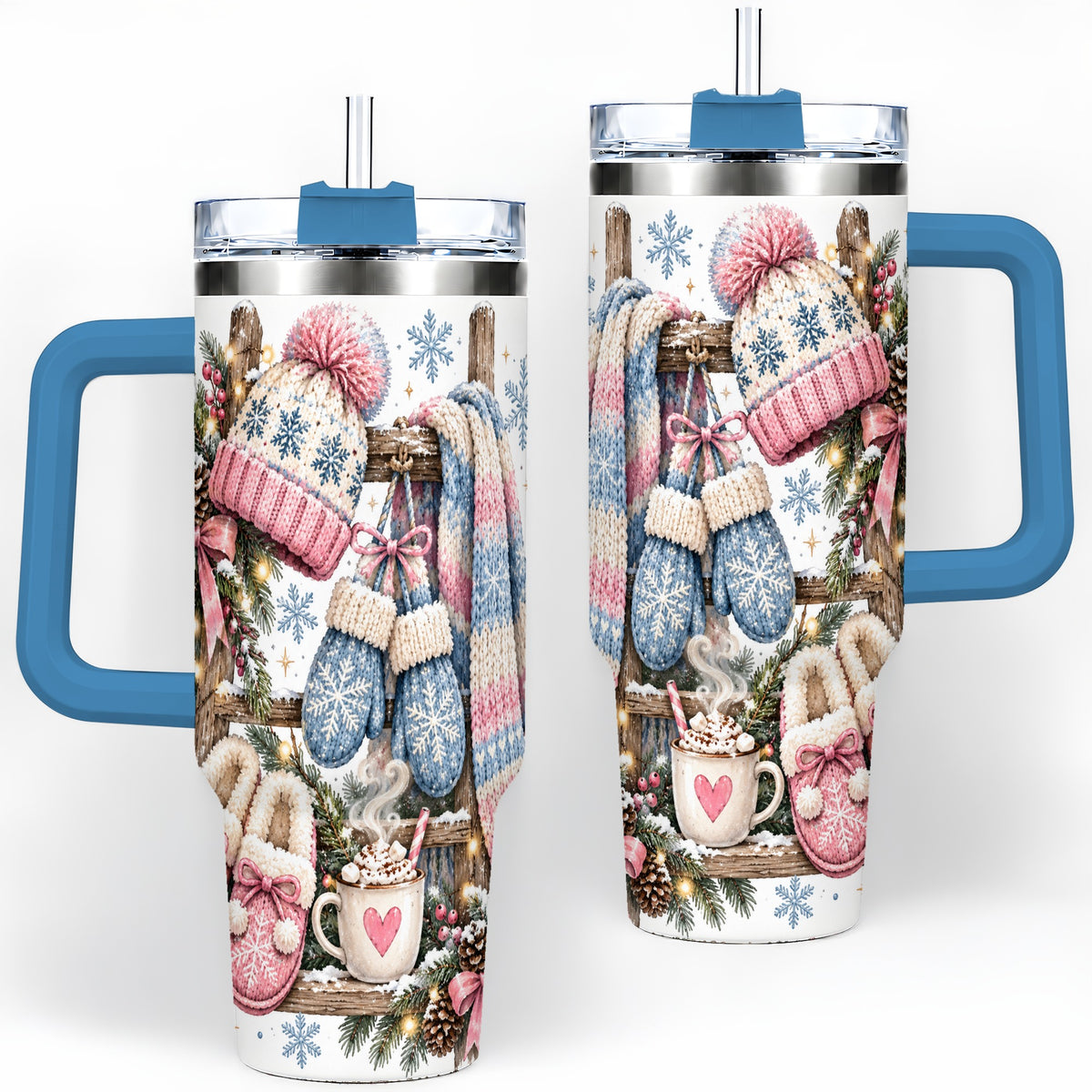 #pl[40oz|Blue] Cozy Winter Knit 40oz Tumbler, Pink Blue Snowflake Holiday Design
