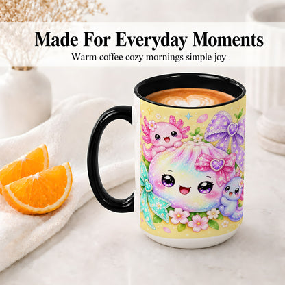 #pl[15oz|Black] Kawaii Axolotl Ceramic Mug, Pastel Bow Floral Rainbow Artwork