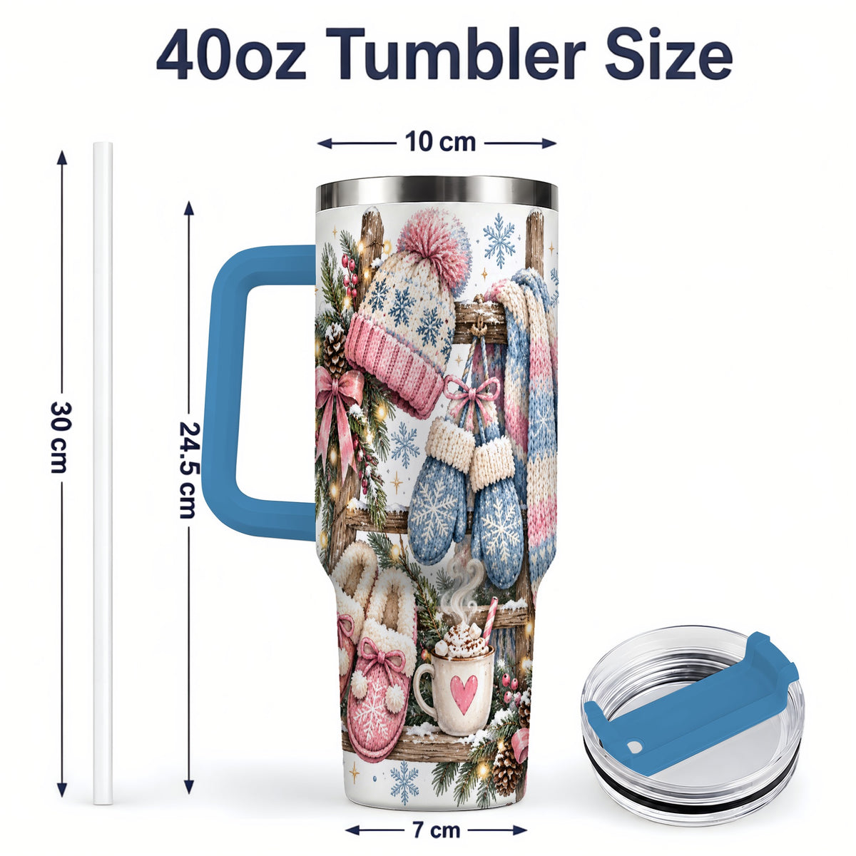 #pl[40oz|Blue] Cozy Winter Knit 40oz Tumbler, Pink Blue Snowflake Holiday Design