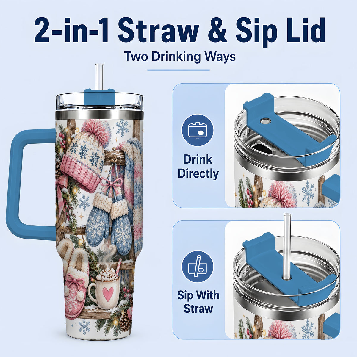 #pl[40oz|Blue] Cozy Winter Knit 40oz Tumbler, Pink Blue Snowflake Holiday Design