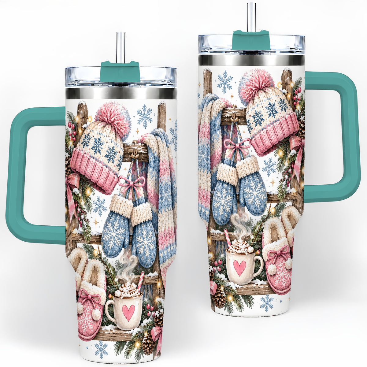 #pl[40oz|Green] Cozy Winter Knit 40oz Tumbler, Pink Blue Snowflake Holiday Design