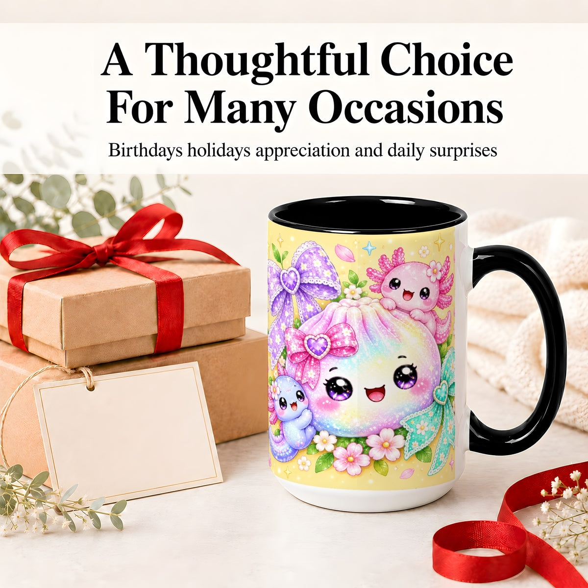 #pl[15oz|Black] Kawaii Axolotl Ceramic Mug, Pastel Bow Floral Rainbow Artwork