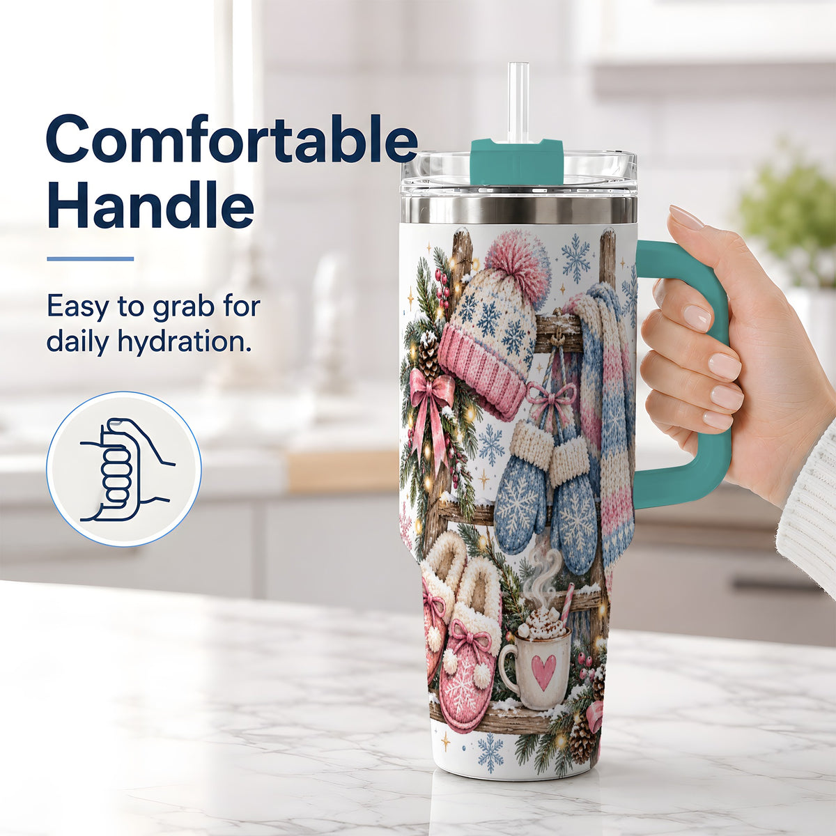 #pl[40oz|Green] Cozy Winter Knit 40oz Tumbler, Pink Blue Snowflake Holiday Design