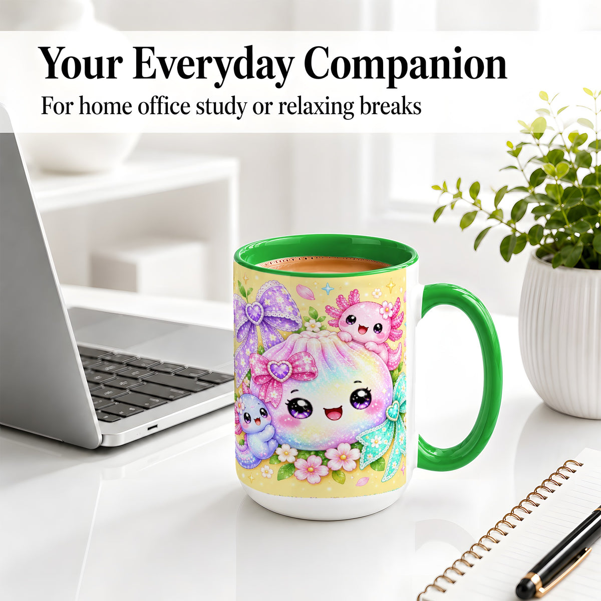 #pl[15oz|Green] Kawaii Axolotl Ceramic Mug, Pastel Bow Floral Rainbow Artwork