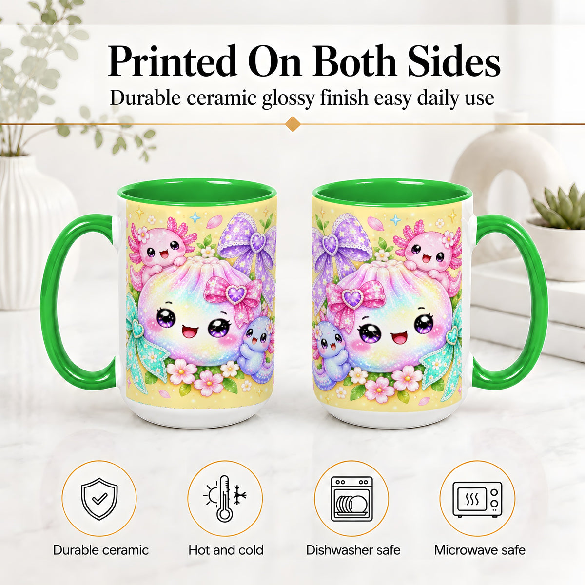 #pl[15oz|Green] Kawaii Axolotl Ceramic Mug, Pastel Bow Floral Rainbow Artwork