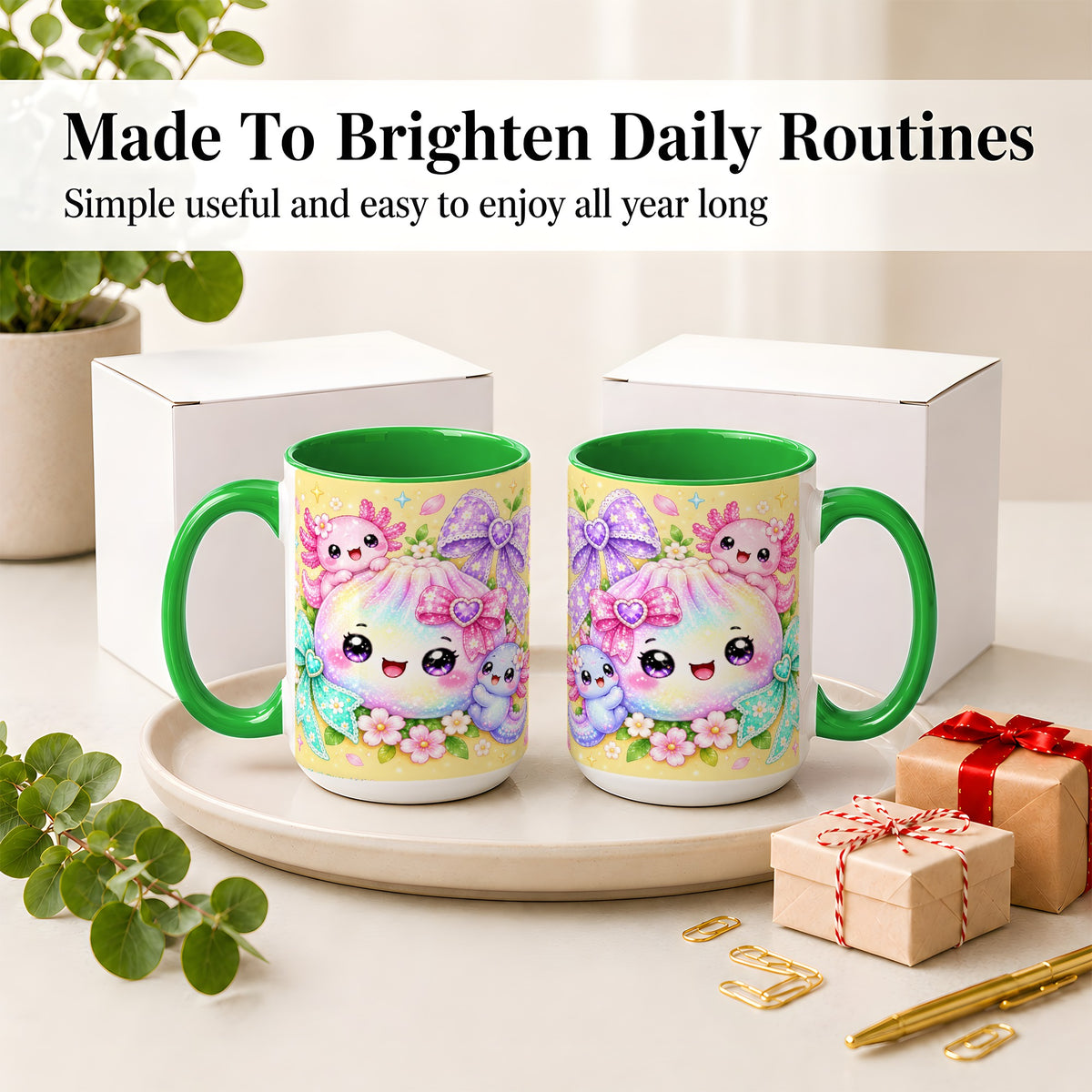 #pl[15oz|Green] Kawaii Axolotl Ceramic Mug, Pastel Bow Floral Rainbow Artwork