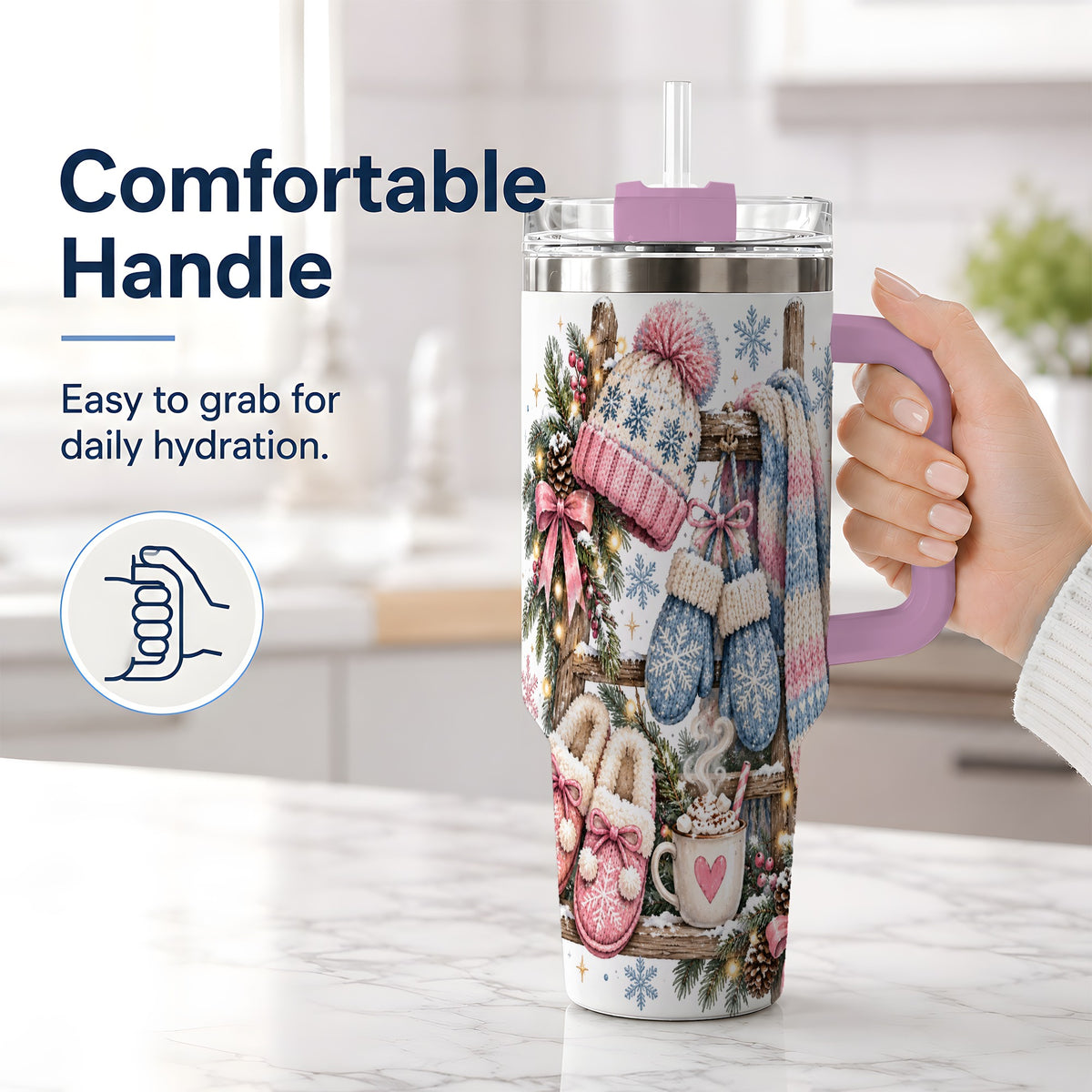 #pl[40oz|Pink] Cozy Winter Knit 40oz Tumbler, Pink Blue Snowflake Holiday Design