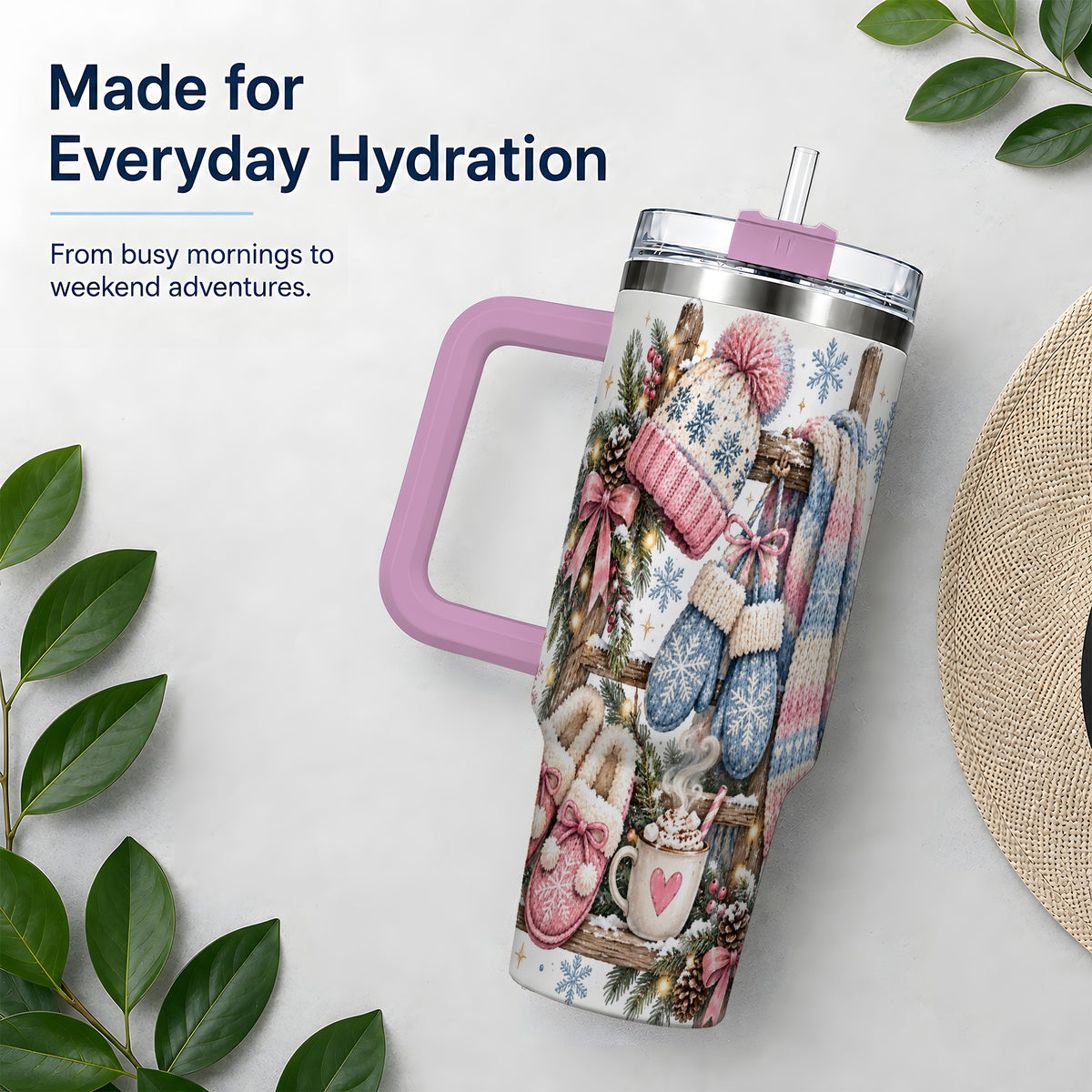 #pl[40oz|Pink] Cozy Winter Knit 40oz Tumbler, Pink Blue Snowflake Holiday Design