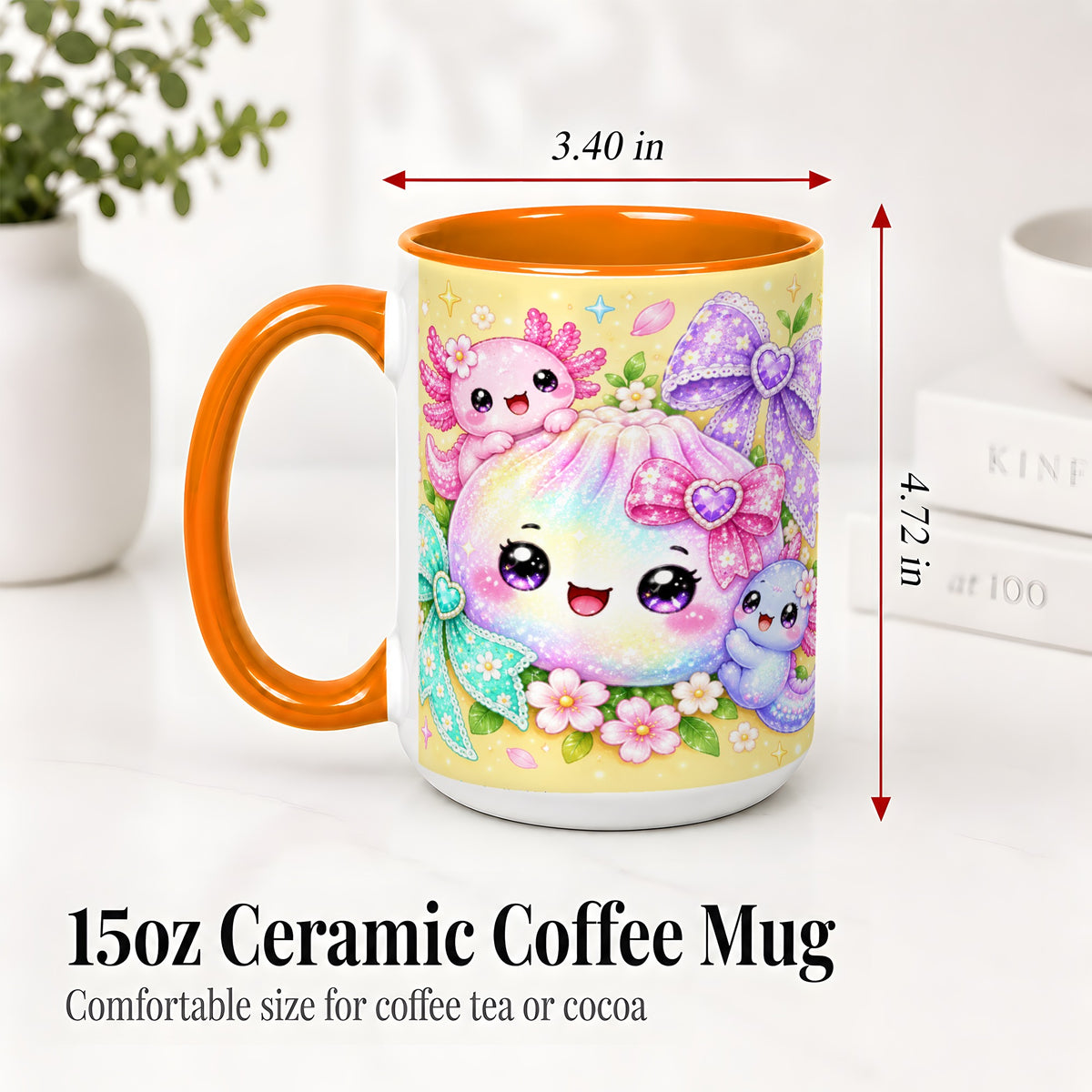 #pl[15oz|Orange] Kawaii Axolotl Ceramic Mug, Pastel Bow Floral Rainbow Artwork
