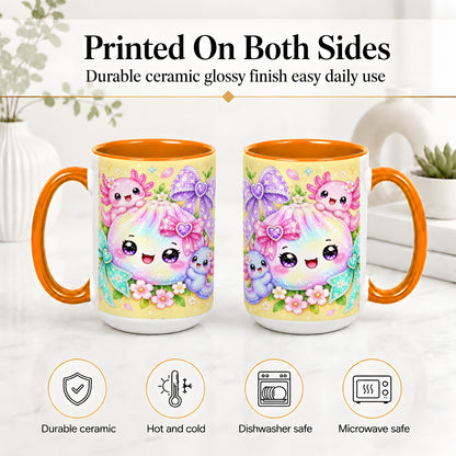 #pl[15oz|Orange] Kawaii Axolotl Ceramic Mug, Pastel Bow Floral Rainbow Artwork