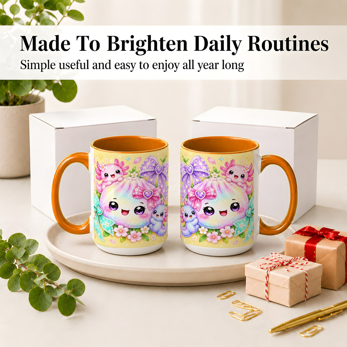 #pl[15oz|Orange] Kawaii Axolotl Ceramic Mug, Pastel Bow Floral Rainbow Artwork