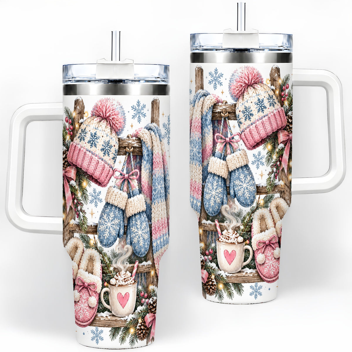 Cozy Winter Knit 40oz Tumbler, Pink Blue Snowflake Holiday Design