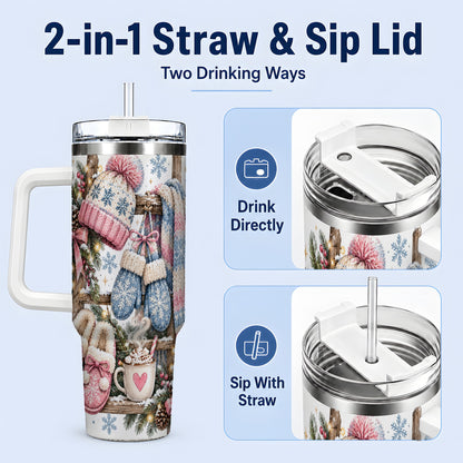 #pl[40oz|White] Cozy Winter Knit 40oz Tumbler, Pink Blue Snowflake Holiday Design