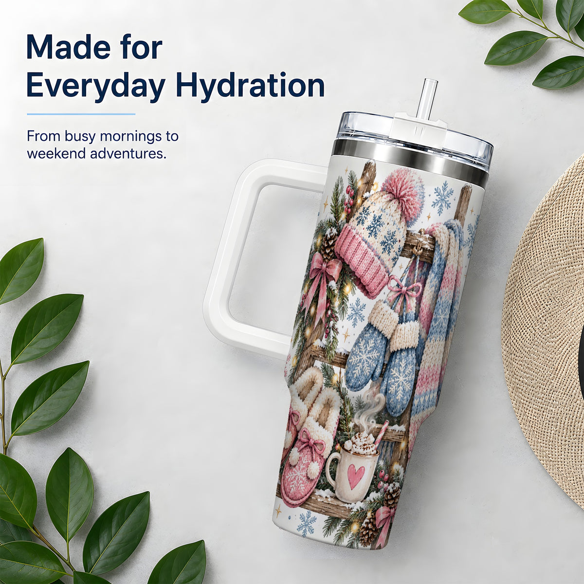 #pl[40oz|White] Cozy Winter Knit 40oz Tumbler, Pink Blue Snowflake Holiday Design