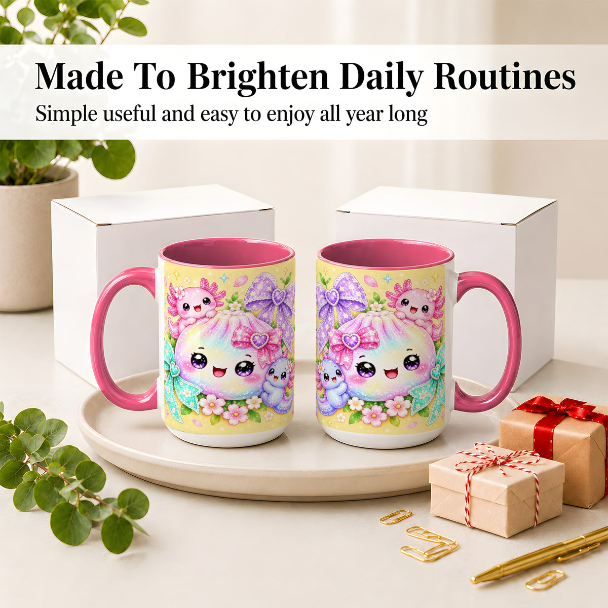#pl[15oz|Pink] Kawaii Axolotl Ceramic Mug, Pastel Bow Floral Rainbow Artwork