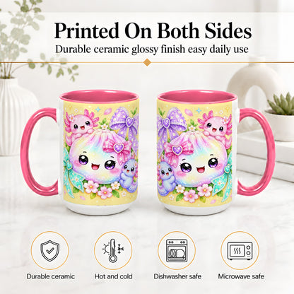 #pl[15oz|Pink] Kawaii Axolotl Ceramic Mug, Pastel Bow Floral Rainbow Artwork