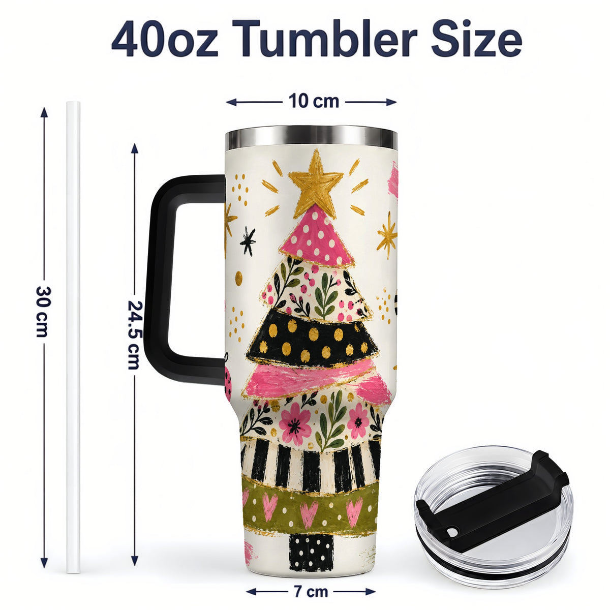 #pl[40oz|Black] Whimsical Christmas Tree 40oz Tumbler, Pink Floral Holiday Design