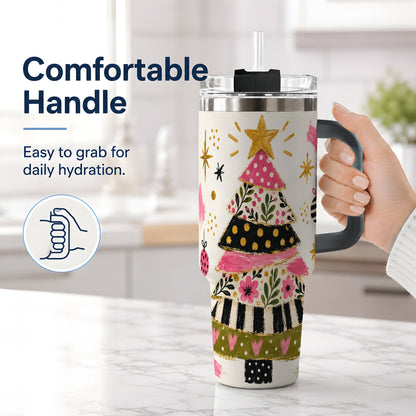 #pl[40oz|Black] Whimsical Christmas Tree 40oz Tumbler, Pink Floral Holiday Design