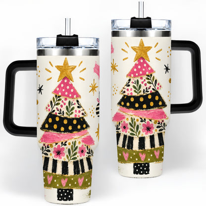 #pl[40oz|Black] Whimsical Christmas Tree 40oz Tumbler, Pink Floral Holiday Design