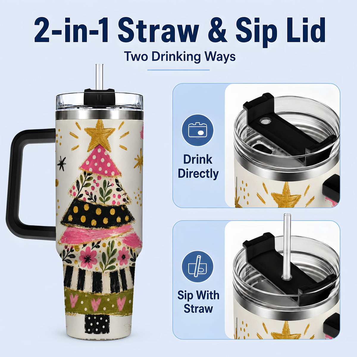 #pl[40oz|Black] Whimsical Christmas Tree 40oz Tumbler, Pink Floral Holiday Design